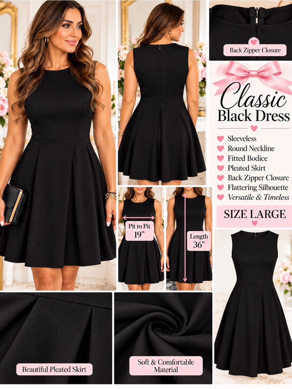 Classic Sleeveless Black Pleated Mini Dress